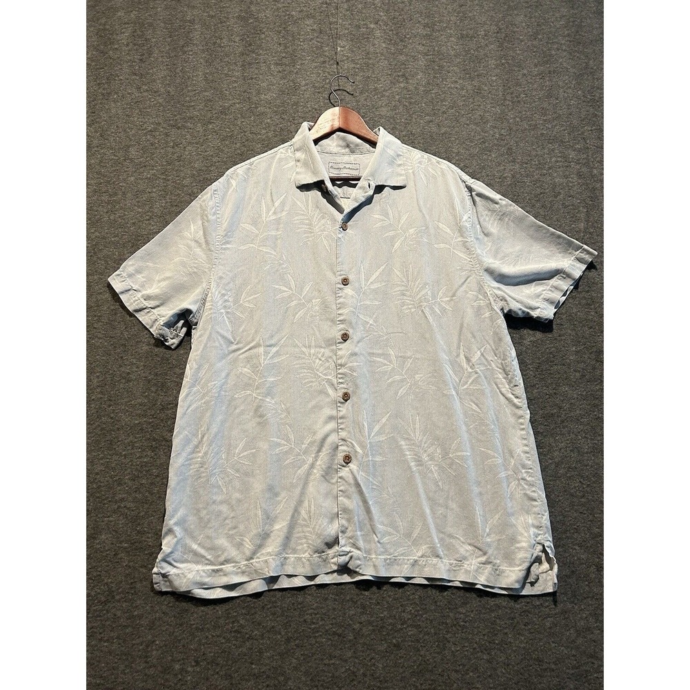 Tommy Bahama Silk Camp Shirt Mens‎ XL Tropical Leaf Button Up Light Blue